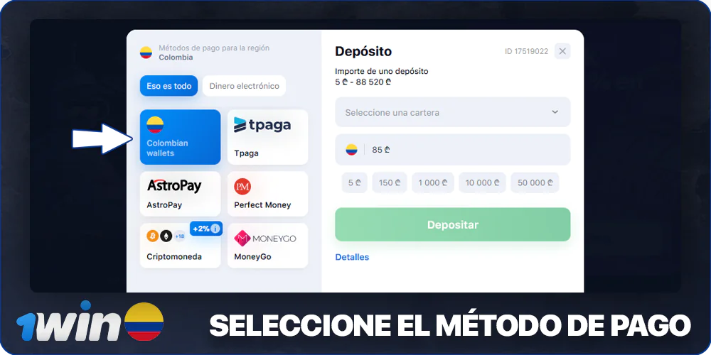 Elija un método de pago en 1Win