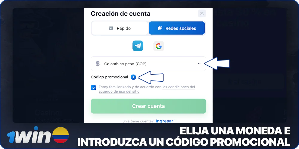 Elige tu moneda e introduce un código promocional al registrarte en 1Win