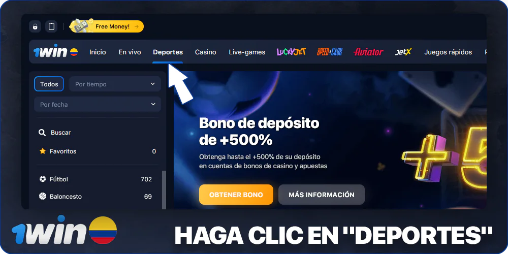 haga clic en "Deporte" en el menú 1Win