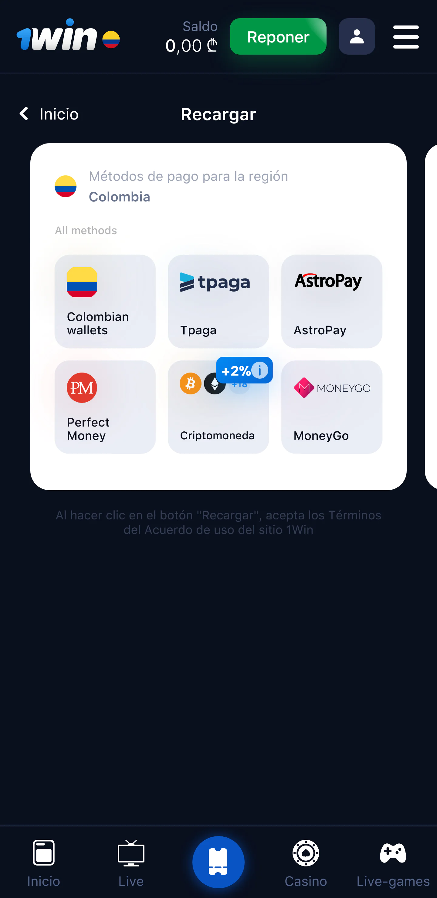 Captura de pantalla de la página de pago de la aplicación 1Win